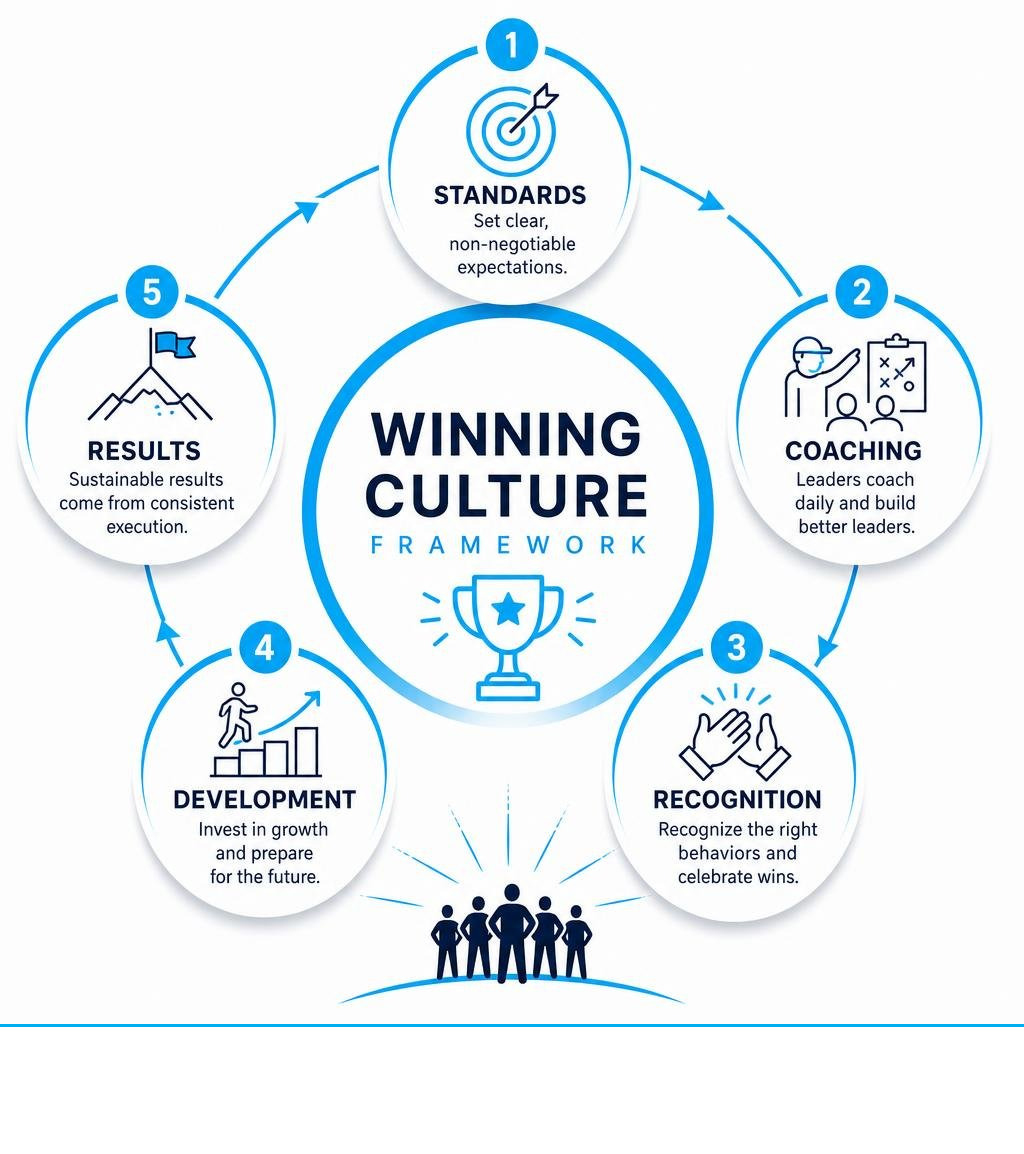 Winning Culture Framework: Standards, Coaching, Recognition, Development, And Results Infographic