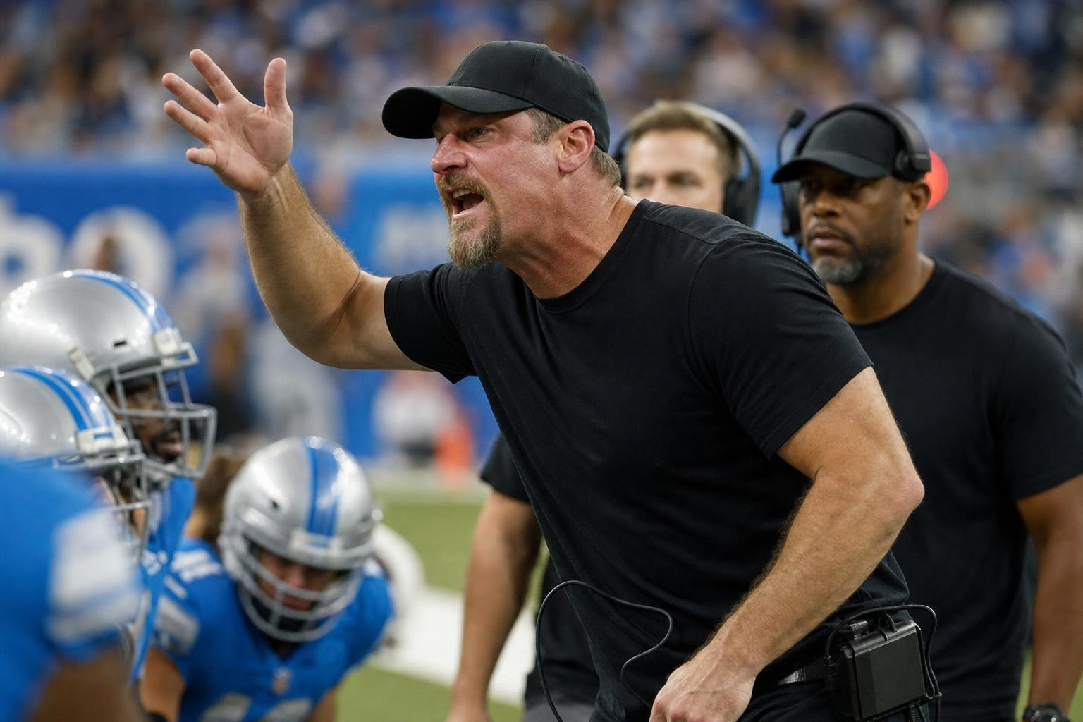 Dan Campbell Coaching Detroit Lions Players On The Sideline Dan Campbell Coaching Detroit Lions Players On The Sideline