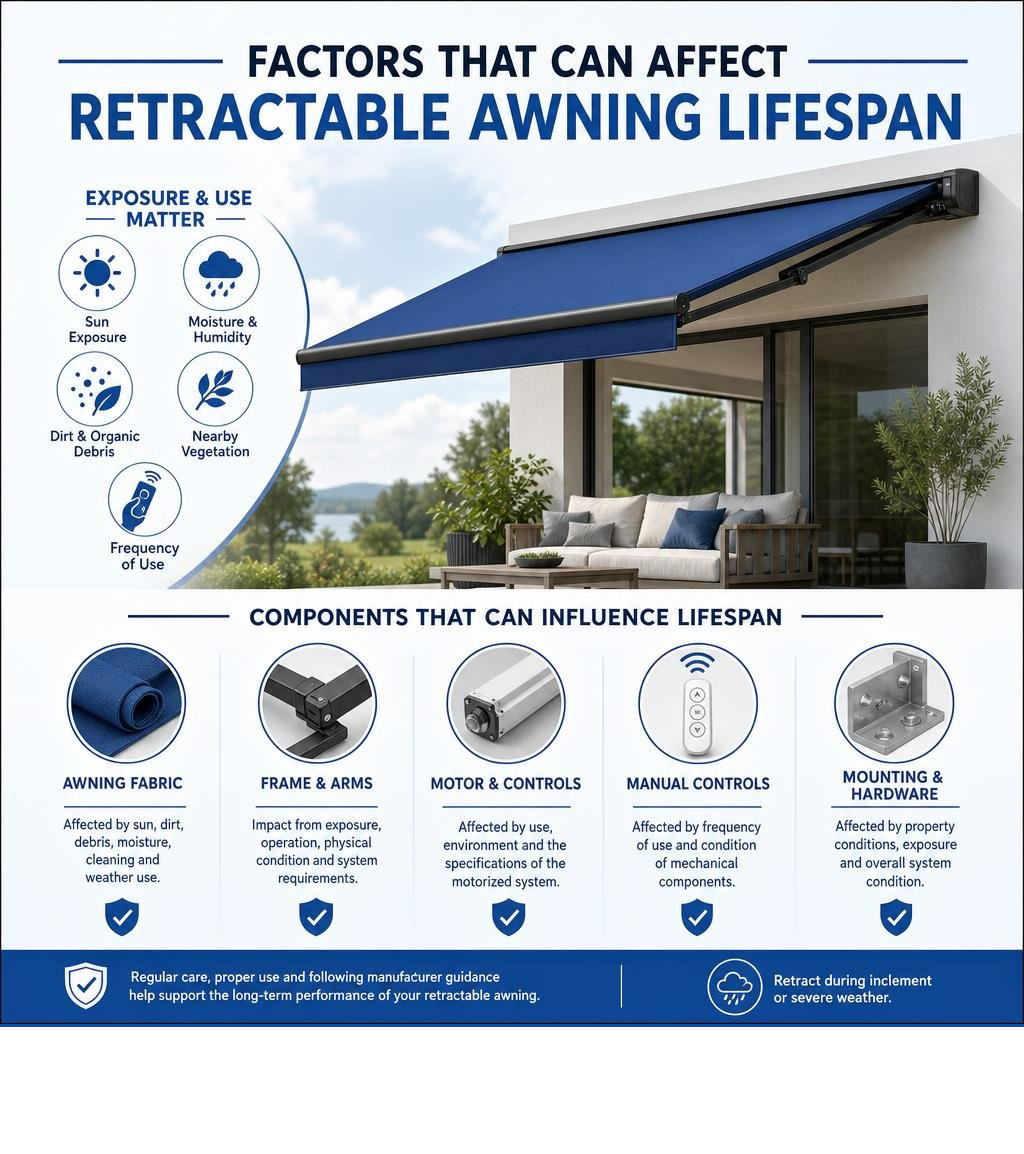 Retractable awning lifespan factors Factors that can affect retractable awning lifespan infographic