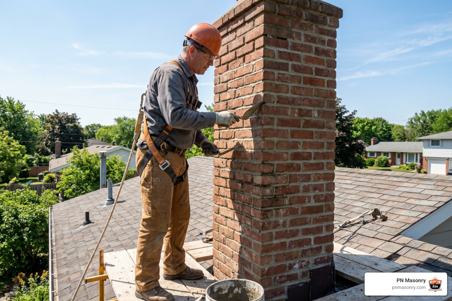 mason repointing brick joints on a roof platform