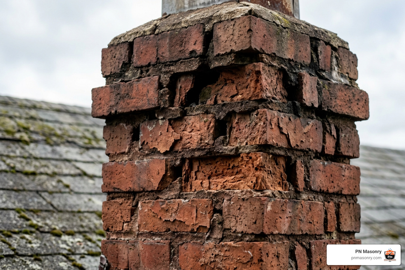 spalling chimney bricks and eroded mortar joints