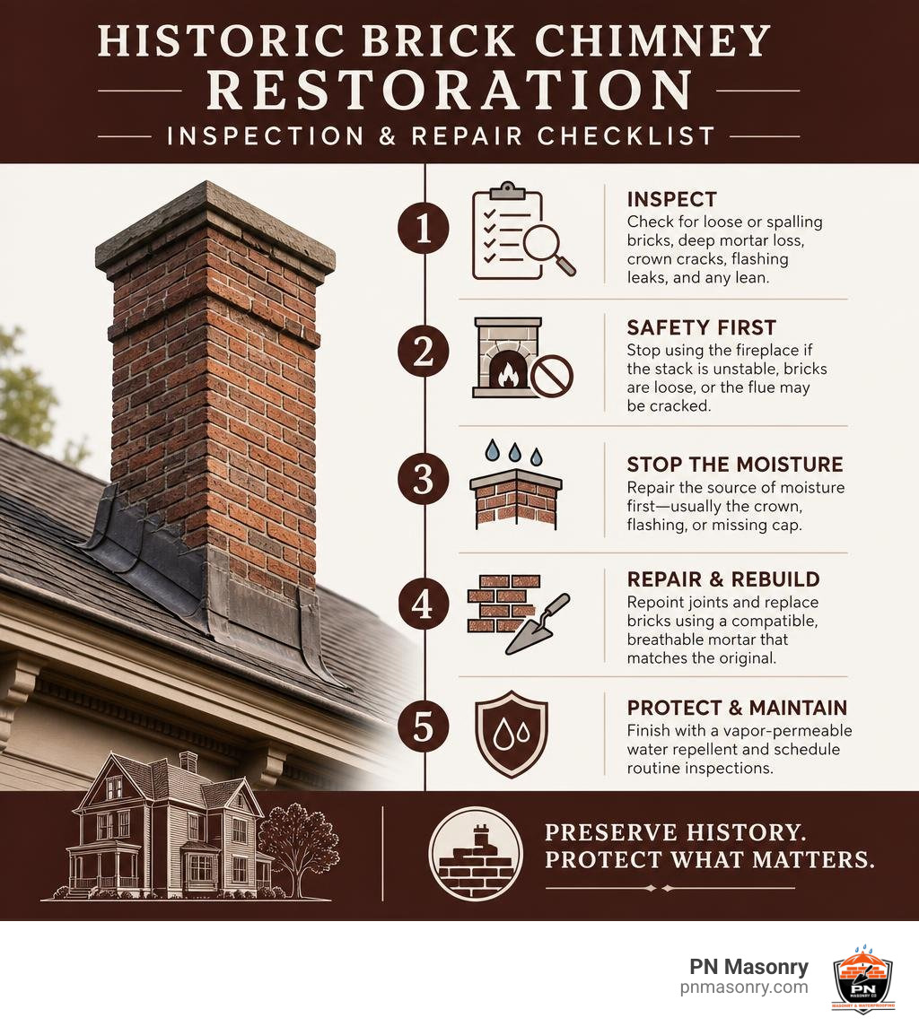 Historic brick chimney restoration inspection and repair checklist infographic