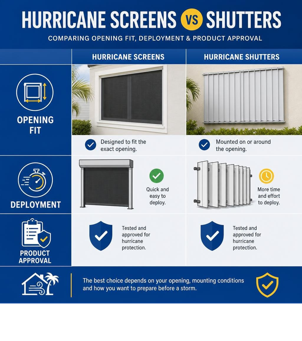 Hurricane screens vs shutters comparison for opening fit, deployment and product approval infographic