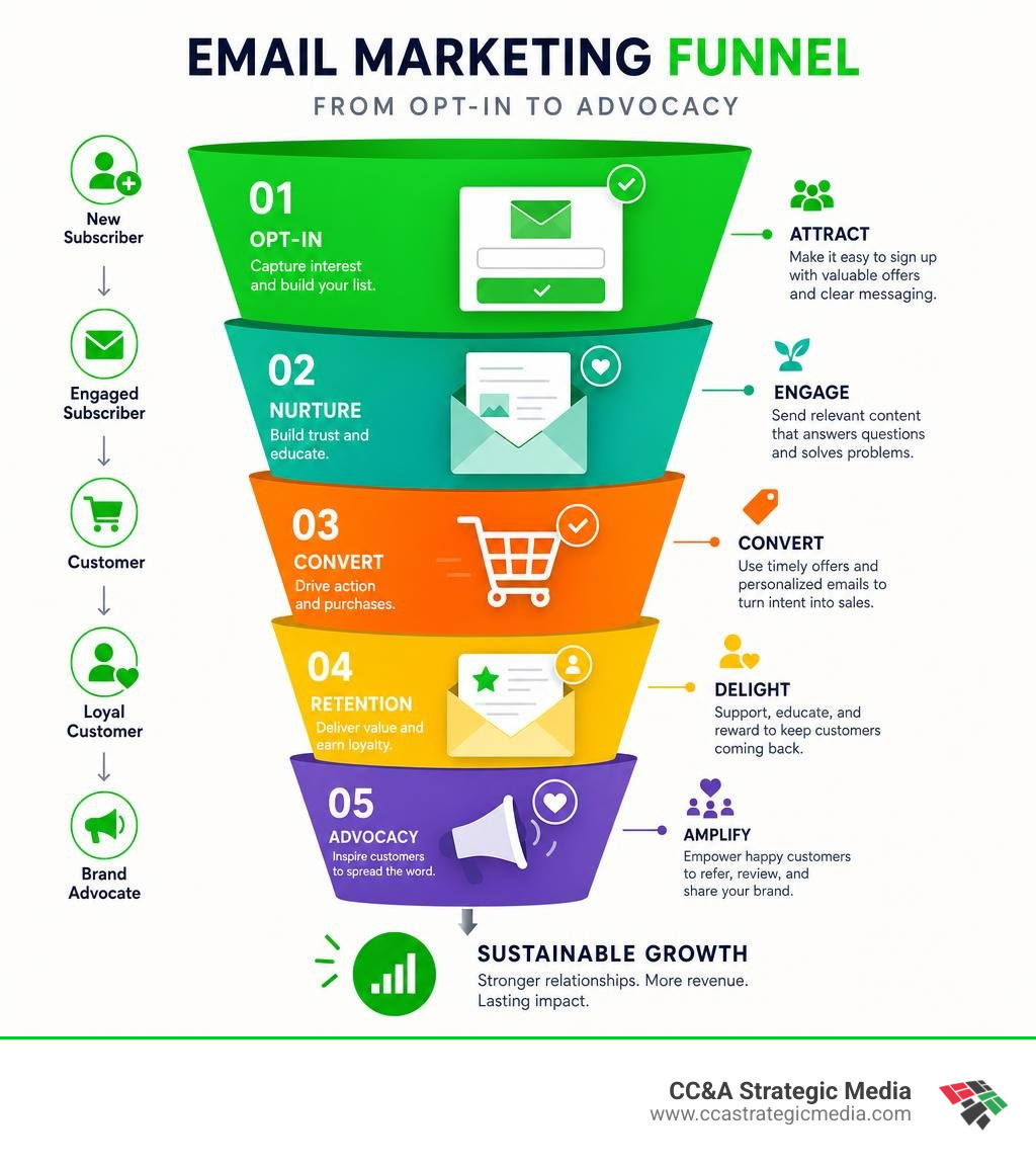 Email marketing funnel progression from opt-in and nurture to purchase retention and advocacy infographic Email marketing funnel progression from opt-in and nurture to purchase retention and advocacy infographic