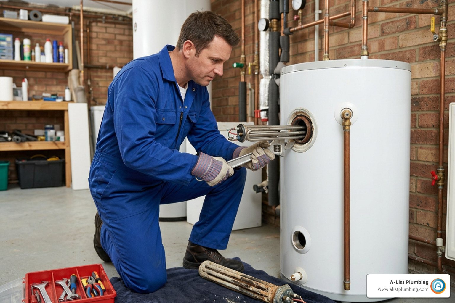 unscrewing a water heater element using an element wrench