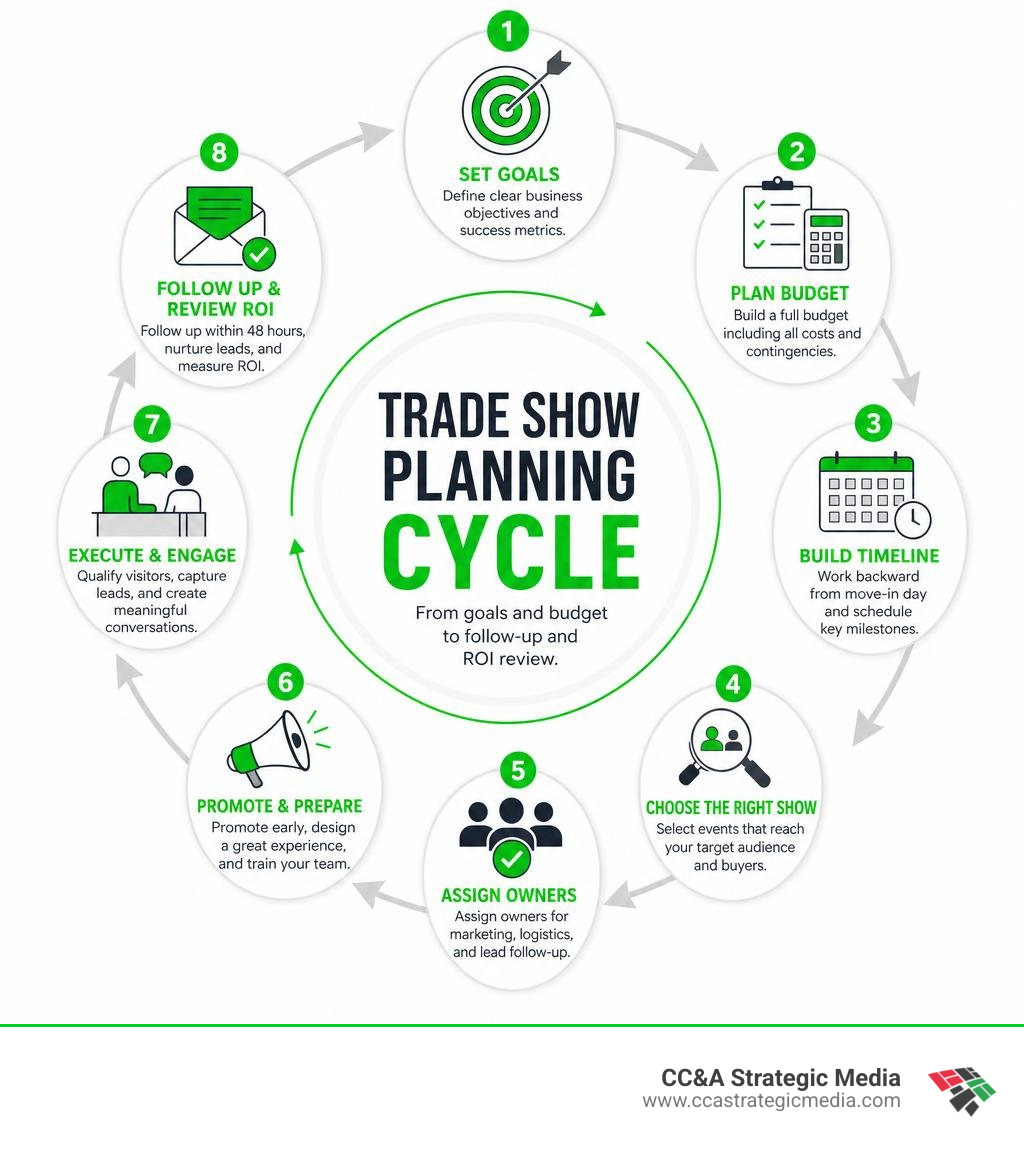 Trade show planning cycle from goals and budget to follow-up and ROI review infographic Trade show planning cycle from goals and budget to follow-up and ROI review infographic