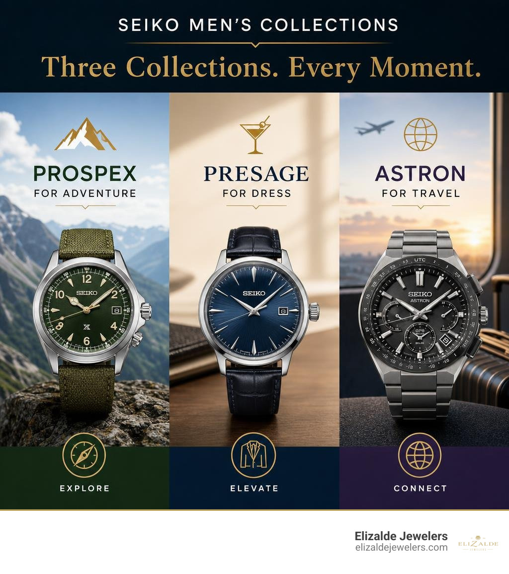 Seiko men's collections: Prospex for adventure, Presage for dress, Astron for travel infographic