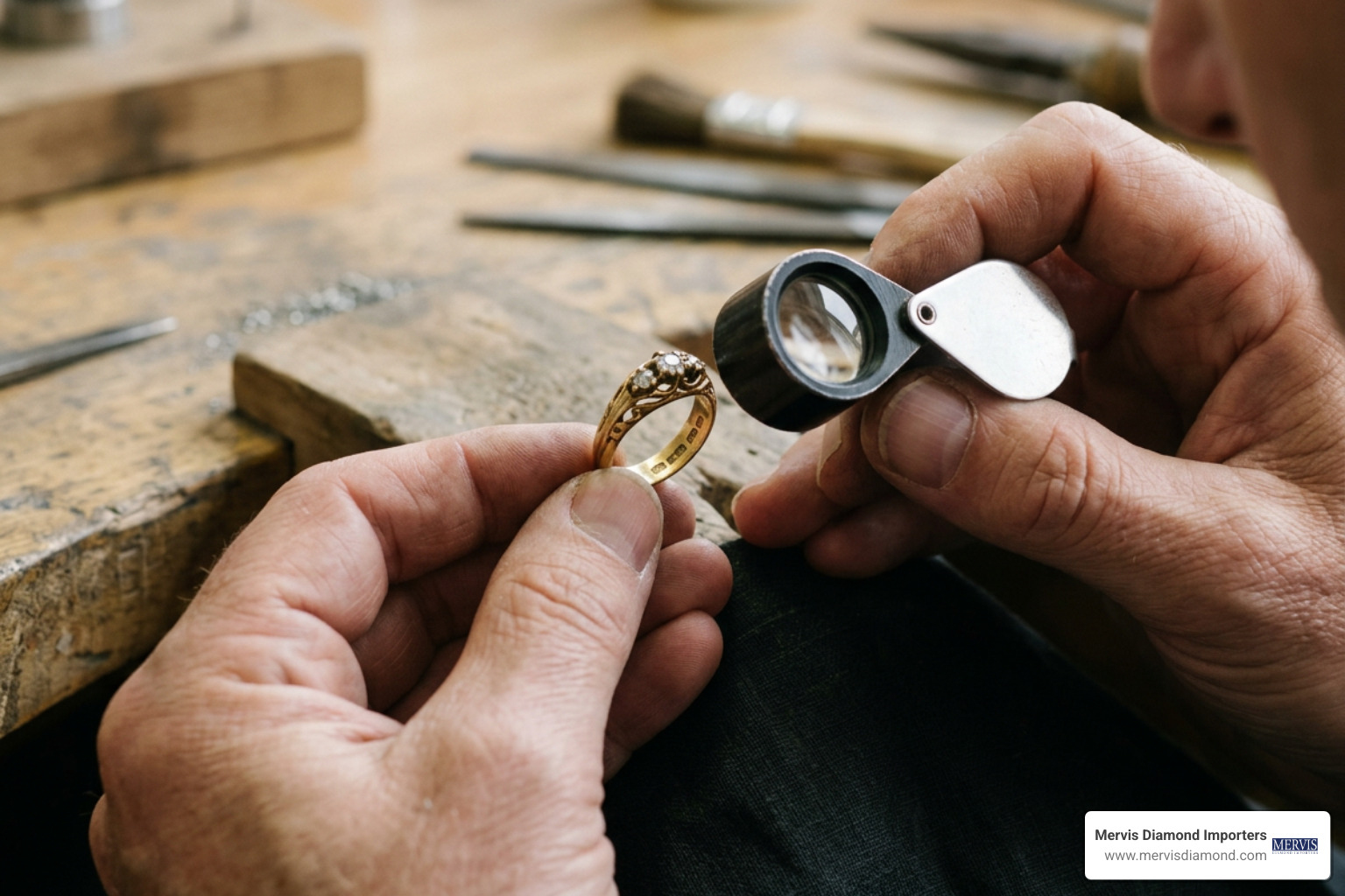 Jeweler inspecting antique wedding ring hallmarks and prong integrity through a loupe Jeweler inspecting antique wedding ring hallmarks and prong integrity through a loupe