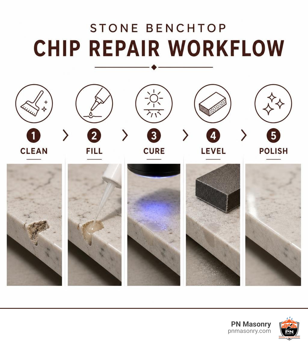 Stone benchtop chip repair workflow: clean, fill, cure, level, polish infographic Stone benchtop chip repair workflow: clean, fill, cure, level, polish infographic