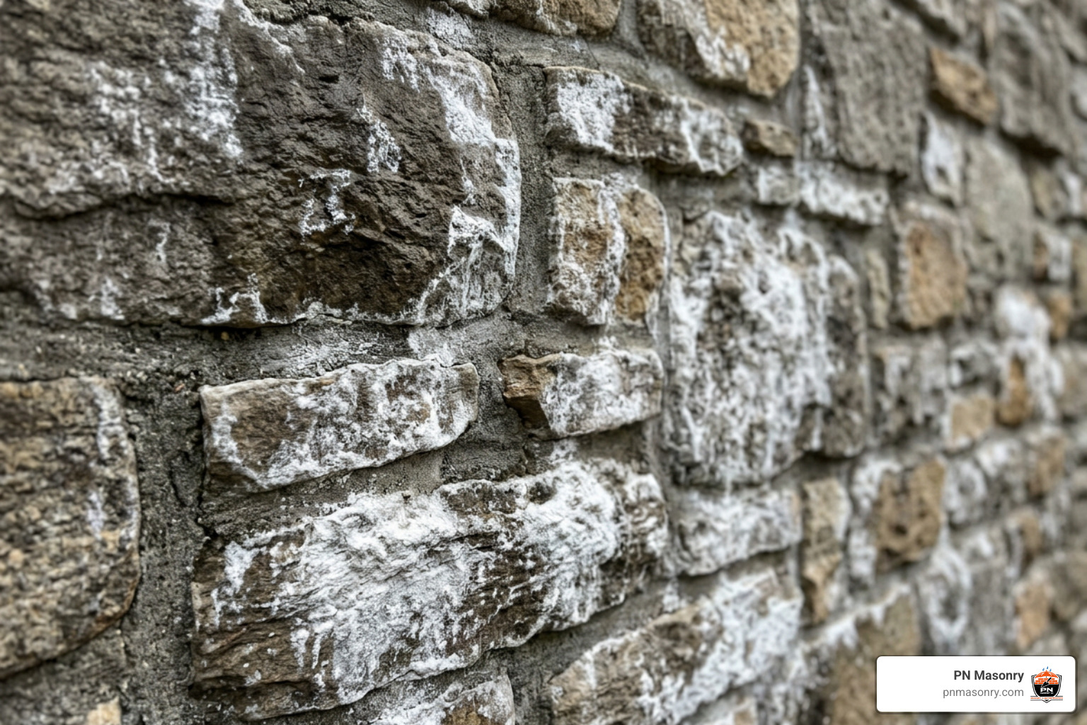 White chalky efflorescence staining on unsealed exterior stone wall White chalky efflorescence staining on unsealed exterior stone wall