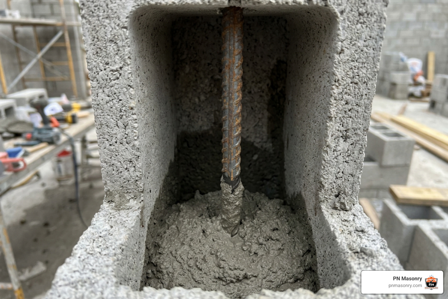 vertical steel rebar centered inside hollow CMU cells