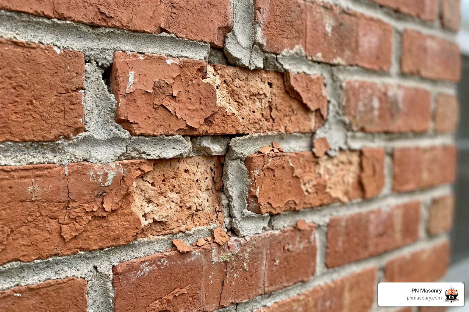 Spalled historic brick caused by hard cement mortar Spalled historic brick caused by hard cement mortar