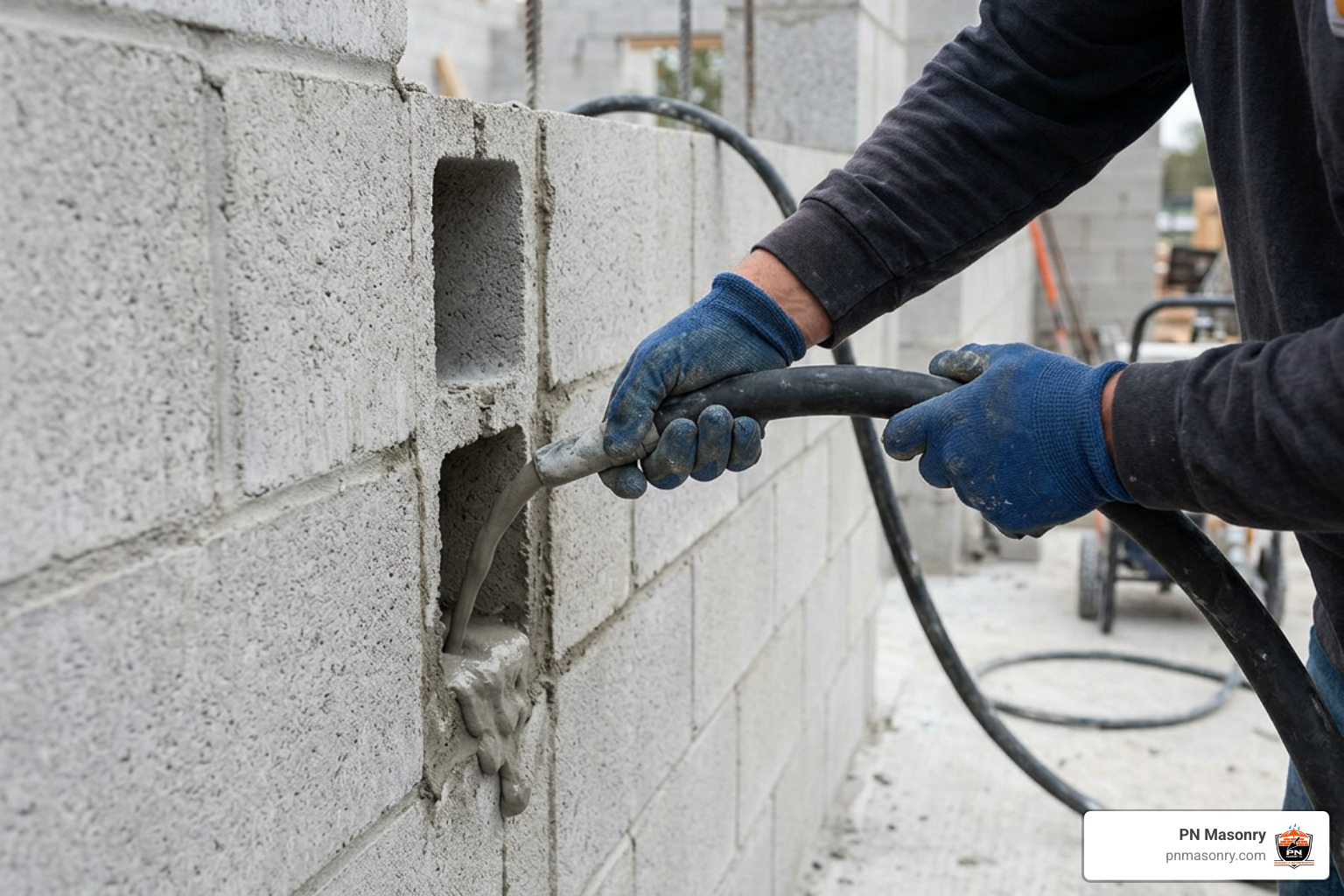 flowable grout injection into masonry core openings