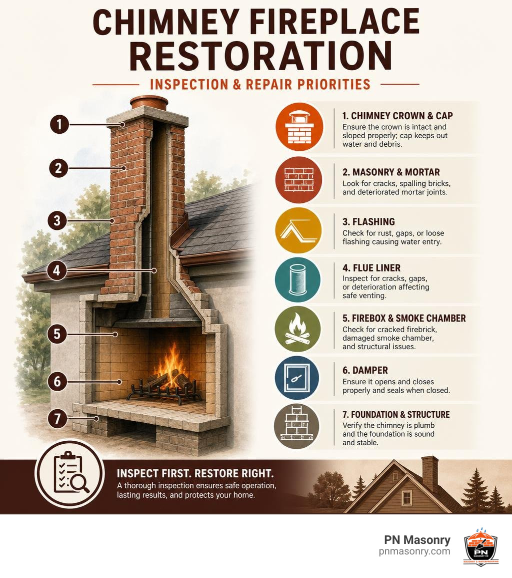 Chimney fireplace restoration inspection and repair priorities infographic