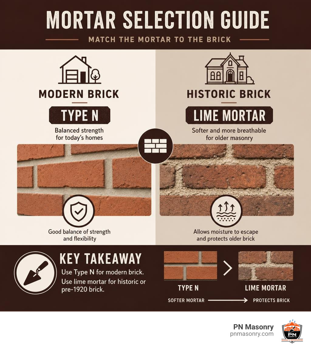 Mortar selection guide showing Type N for modern brick and lime mortar for historic brick infographic Mortar selection guide showing Type N for modern brick and lime mortar for historic brick infographic