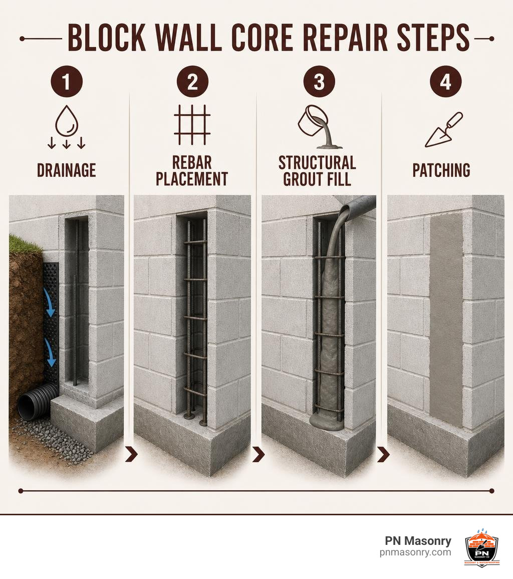 block wall core repair steps: drainage, rebar placement, structural grout fill, patching infographic