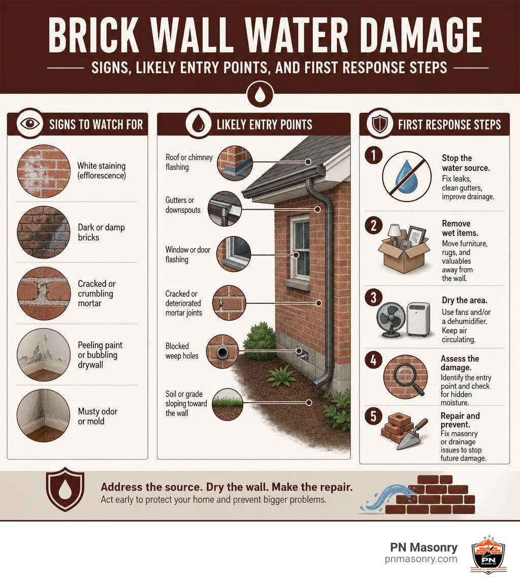 Brick wall water damage signs, likely entry points, and first response steps infographic Brick wall water damage signs, likely entry points, and first response steps infographic