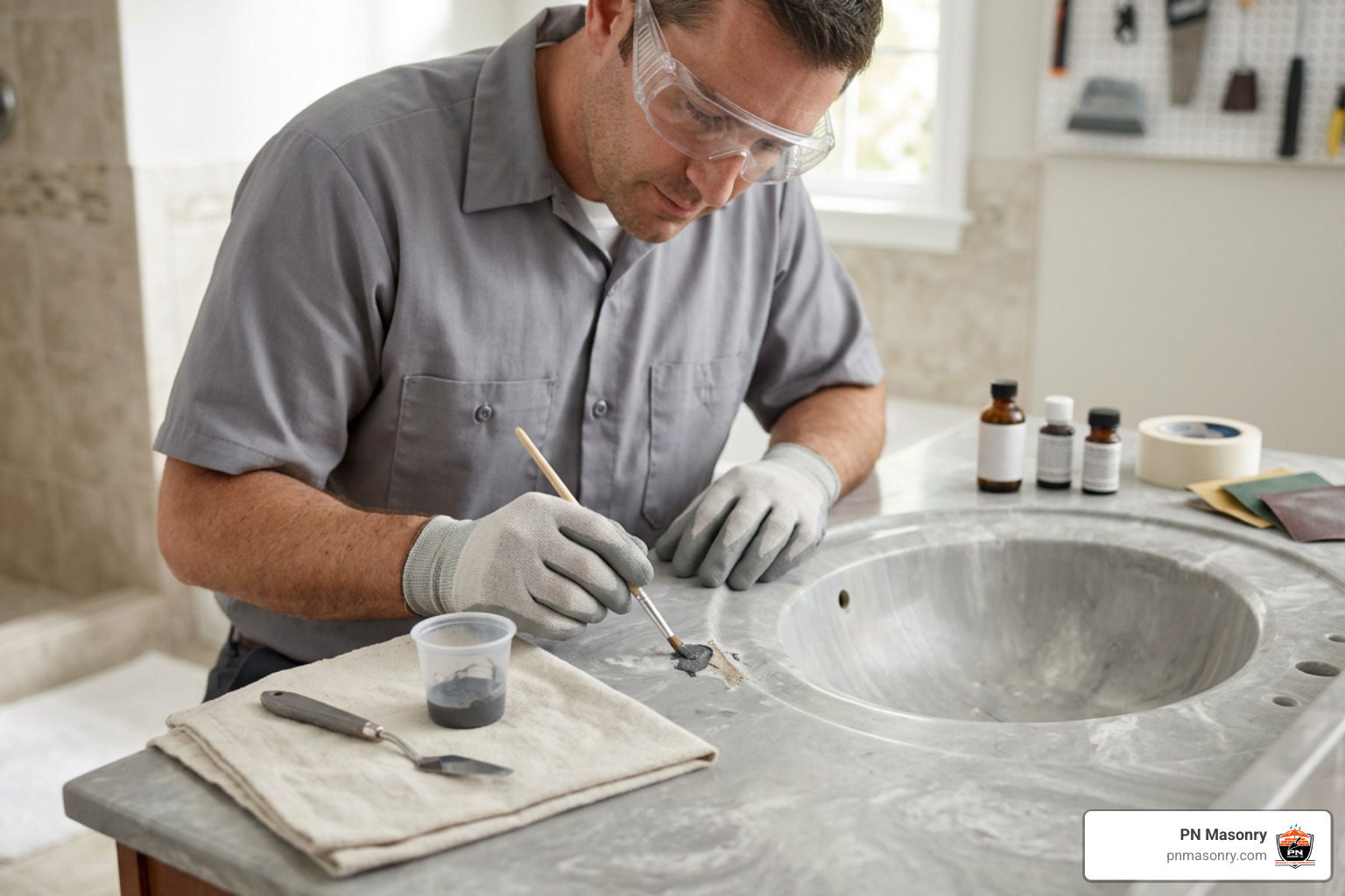Repair technician preparing cultured marble surface for patch application