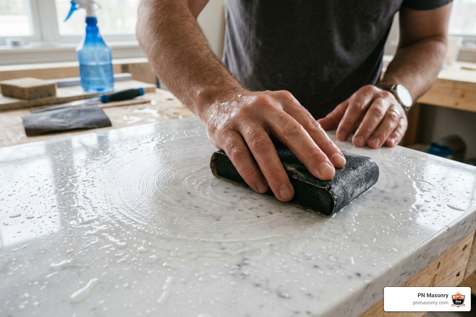 Progressive wet sanding on cultured marble vanity