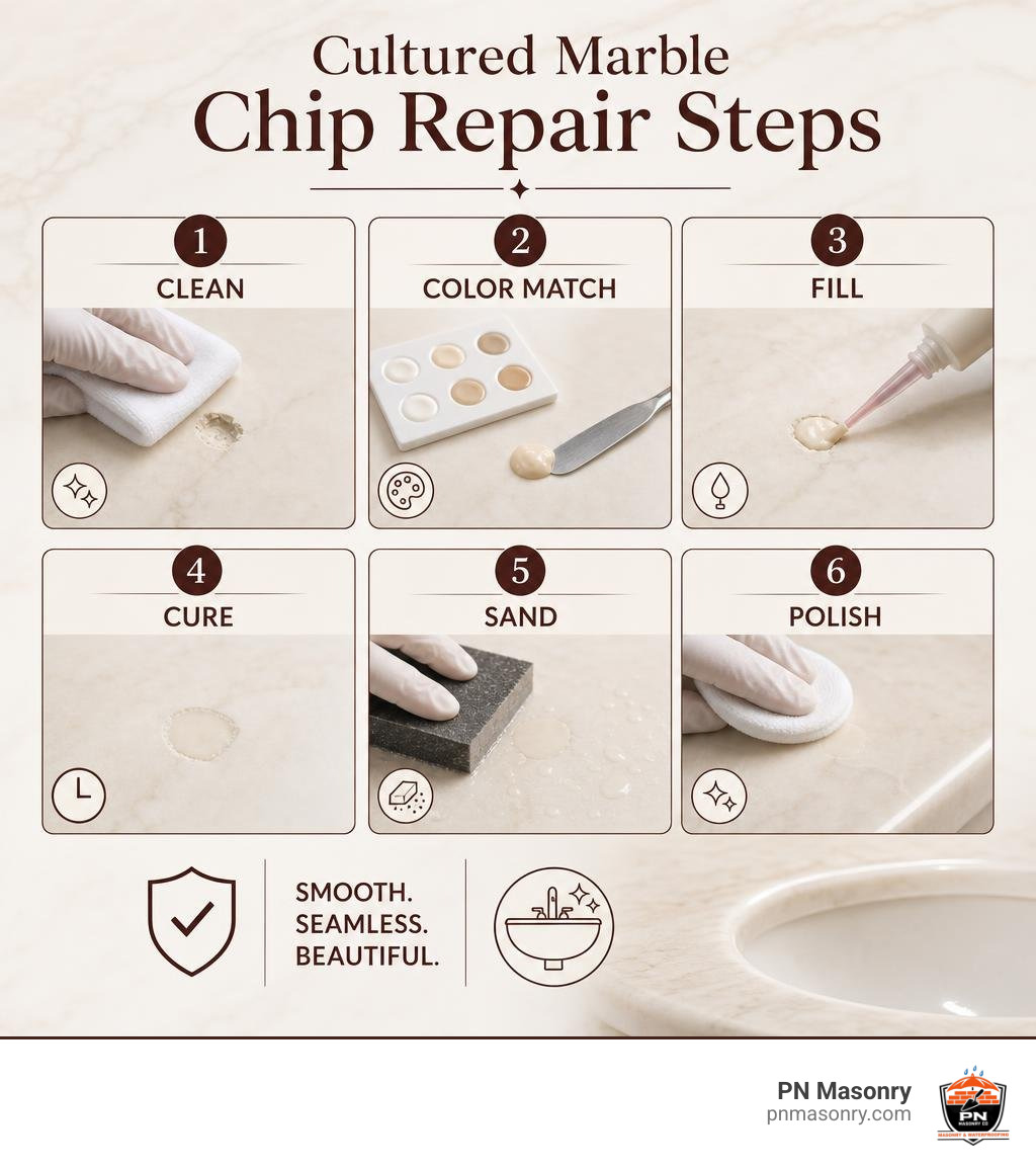 Cultured marble chip repair steps: clean, color match, fill, cure, sand, polish infographic