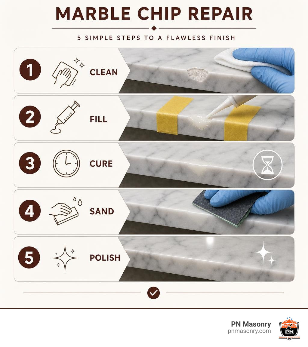 marble chip repair steps: clean, fill, cure, sand, polish infographic marble chip repair steps: clean, fill, cure, sand, polish infographic