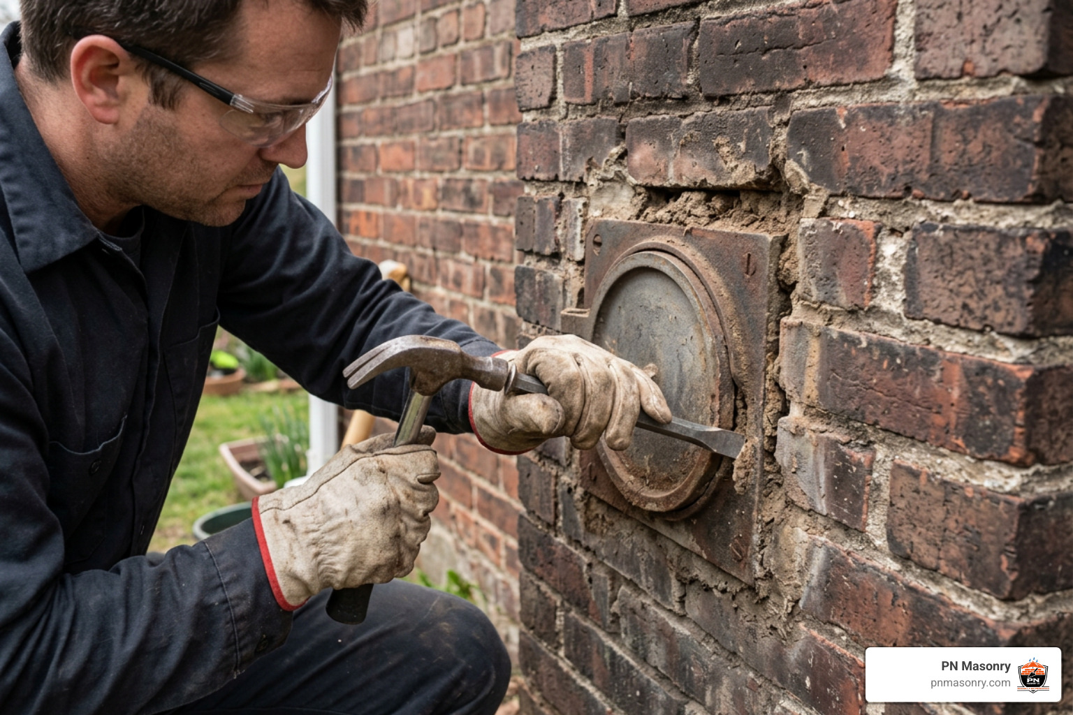 chiseling old mortar from cleanout frame chiseling old mortar from cleanout frame