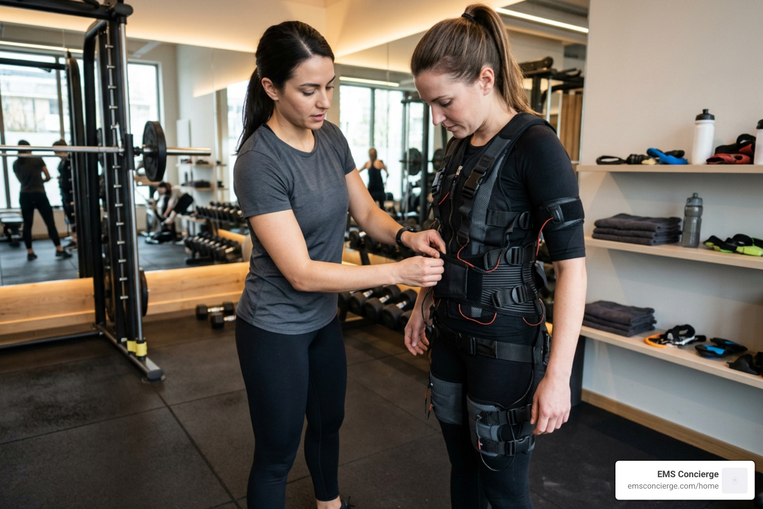 Trainer fitting an EMS suit for functional strength exercises