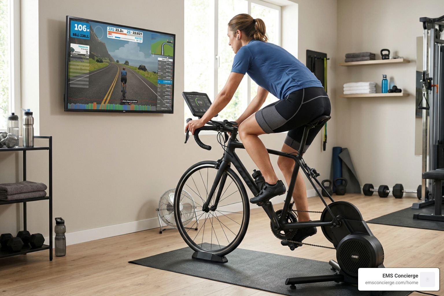 Indoor smart trainer setup with digital controls