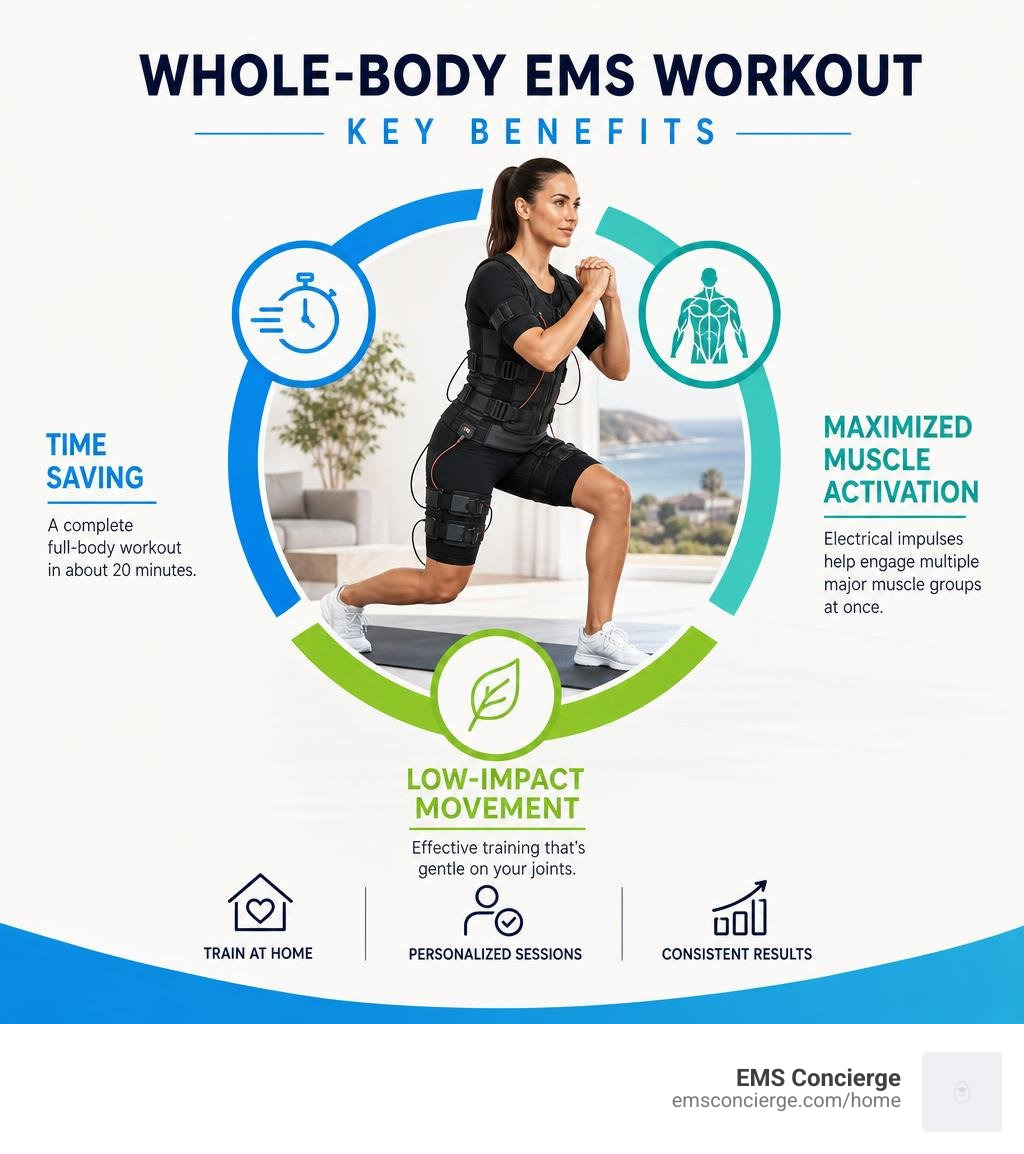 Whole-body EMS workout benefits including time savings, muscle activation, and low-impact movement infographic