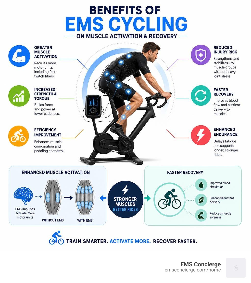 Benefits of EMS cycling on muscle activation and recovery infographic