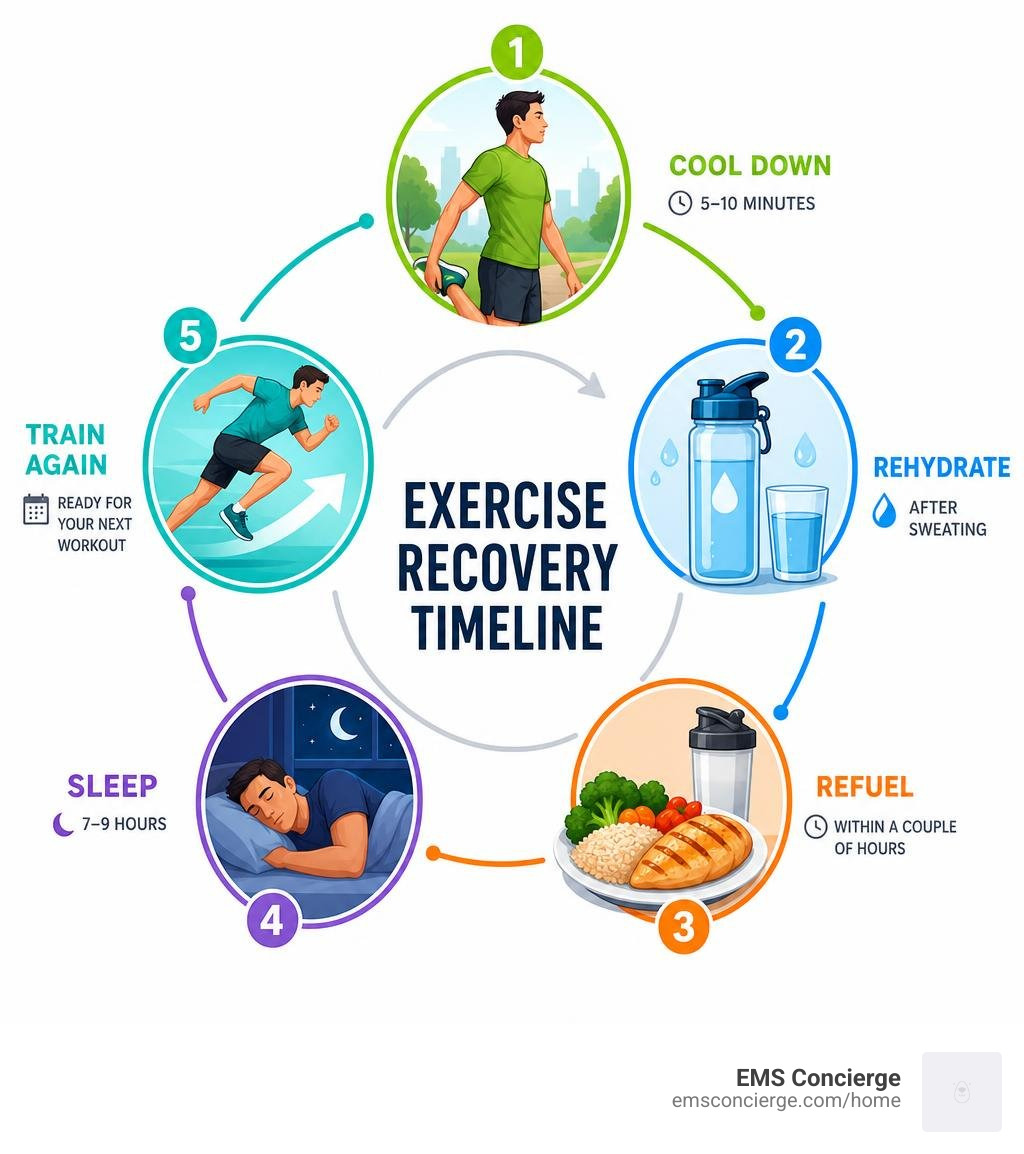 exercise recovery timeline: cool down, refuel, rehydrate, sleep, and train again infographic