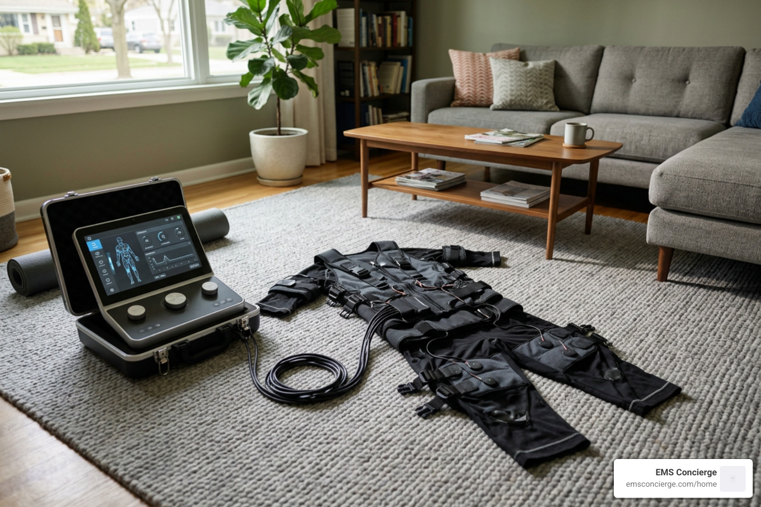 Mobile EMS console and calibrated electrode suit ready for in-home training
