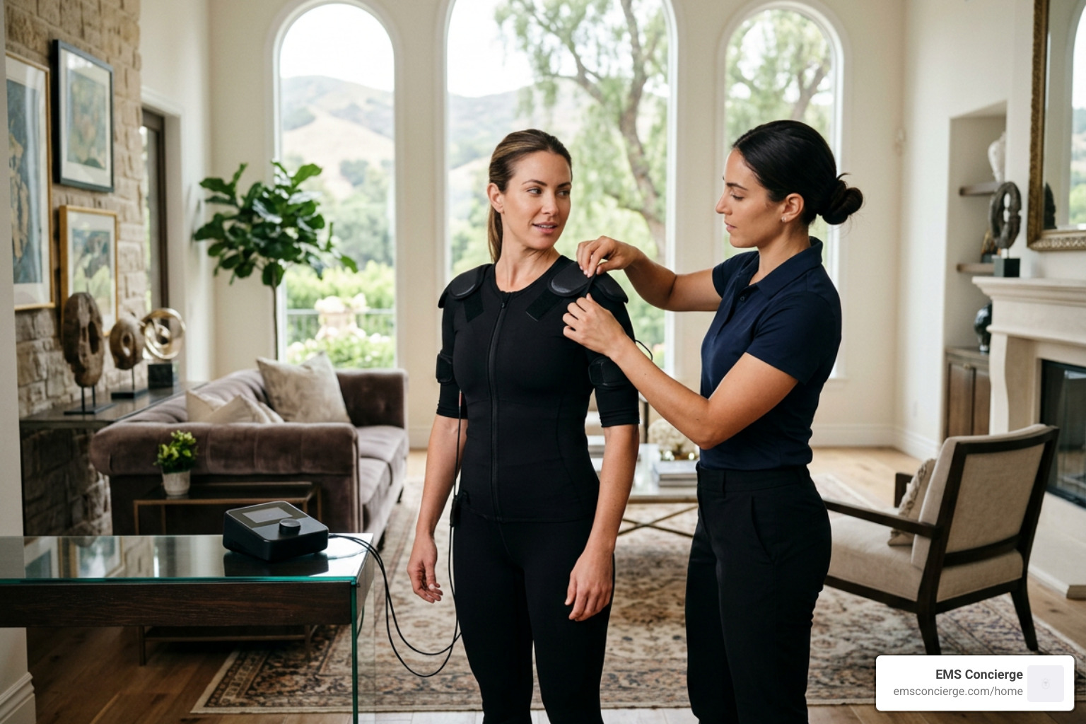 Certified trainer fitting an EMS suit in a private luxury Calabasas home