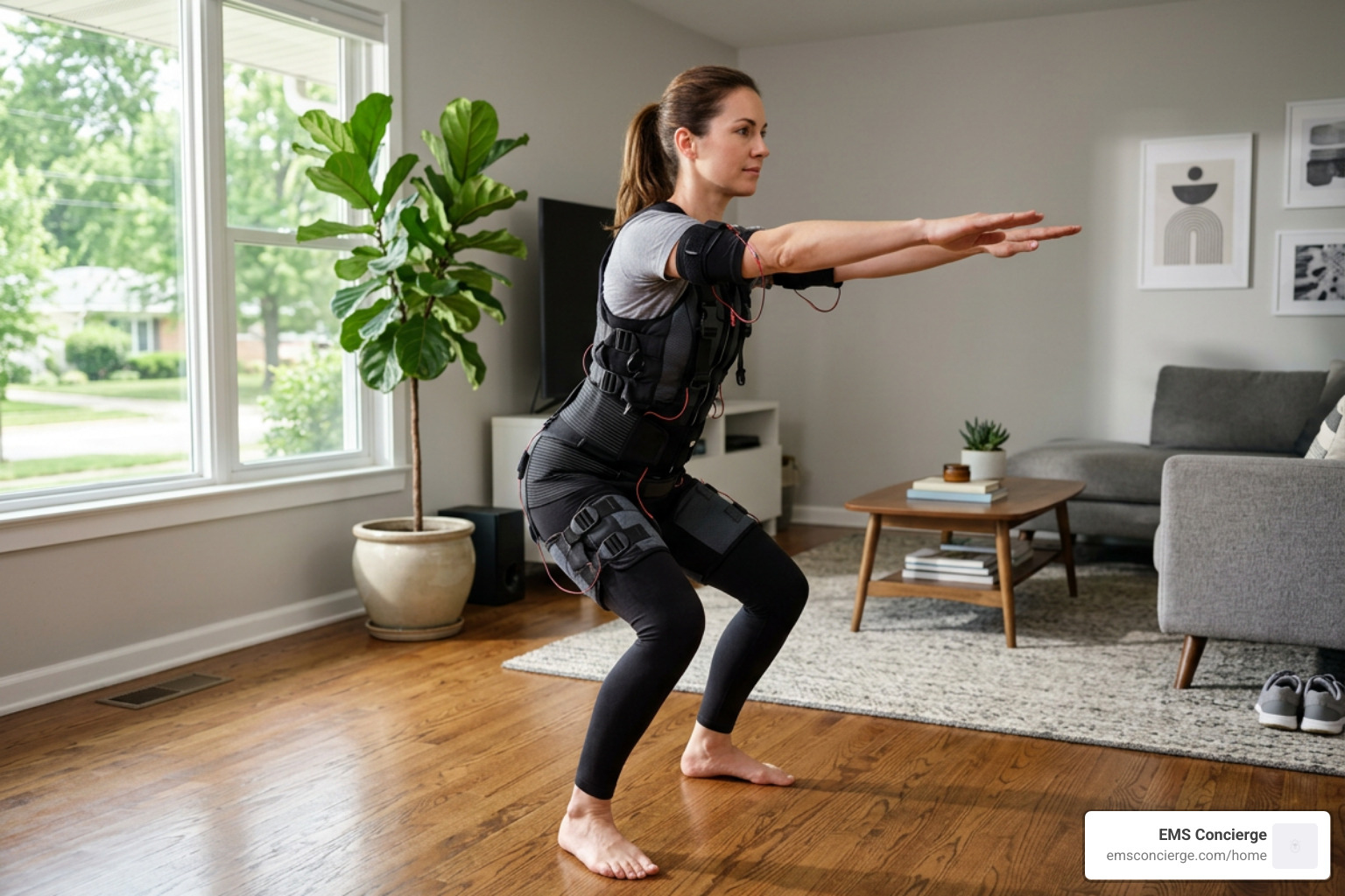A client performing low-impact functional movements at home