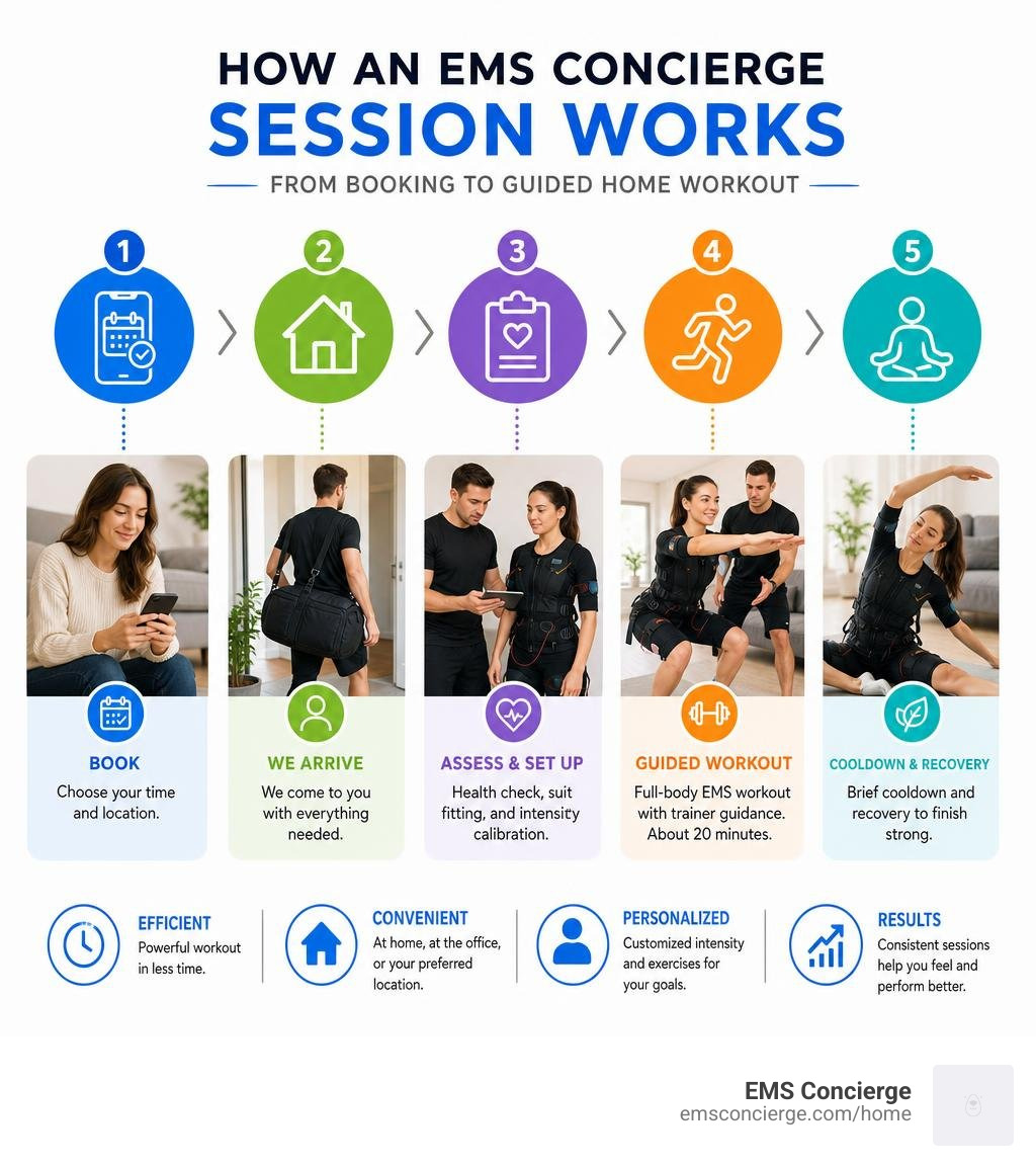 How an EMS Concierge session works from booking to guided home workout infographic