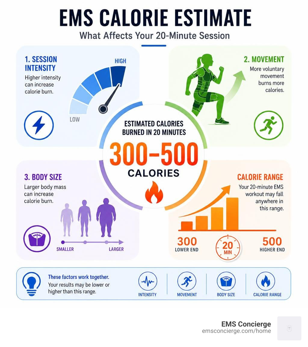 EMS calorie estimate showing session intensity, movement, body size, and calorie range infographic
