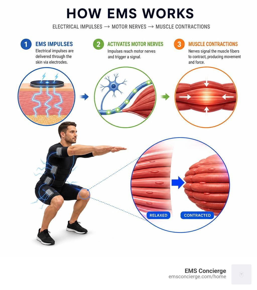 Infographic showing EMS impulses activating motor nerves and producing muscle contractions infographic
