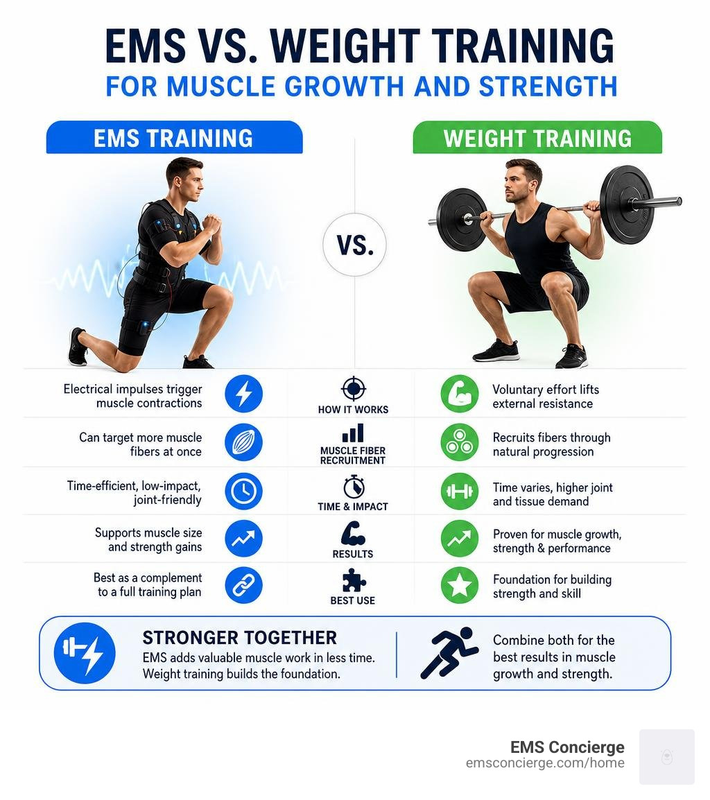EMS and weight training comparison for muscle growth and strength infographic EMS and weight training comparison for muscle growth and strength infographic