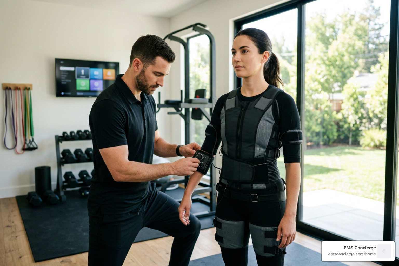 Certified trainer adjusting suit settings for an in-home client