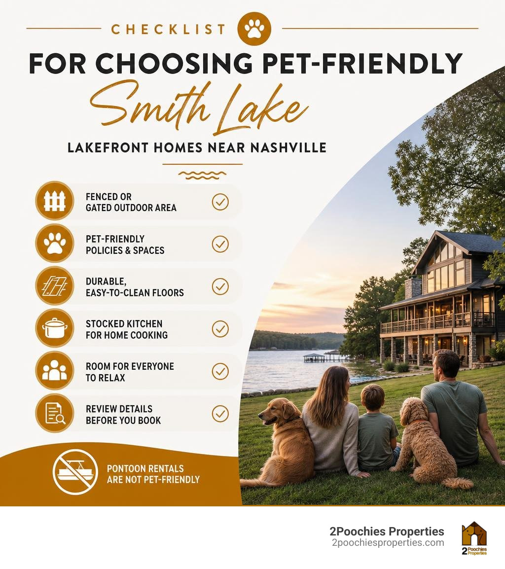 Checklist for choosing pet-friendly Smith Lake lakefront homes near Nashville infographic