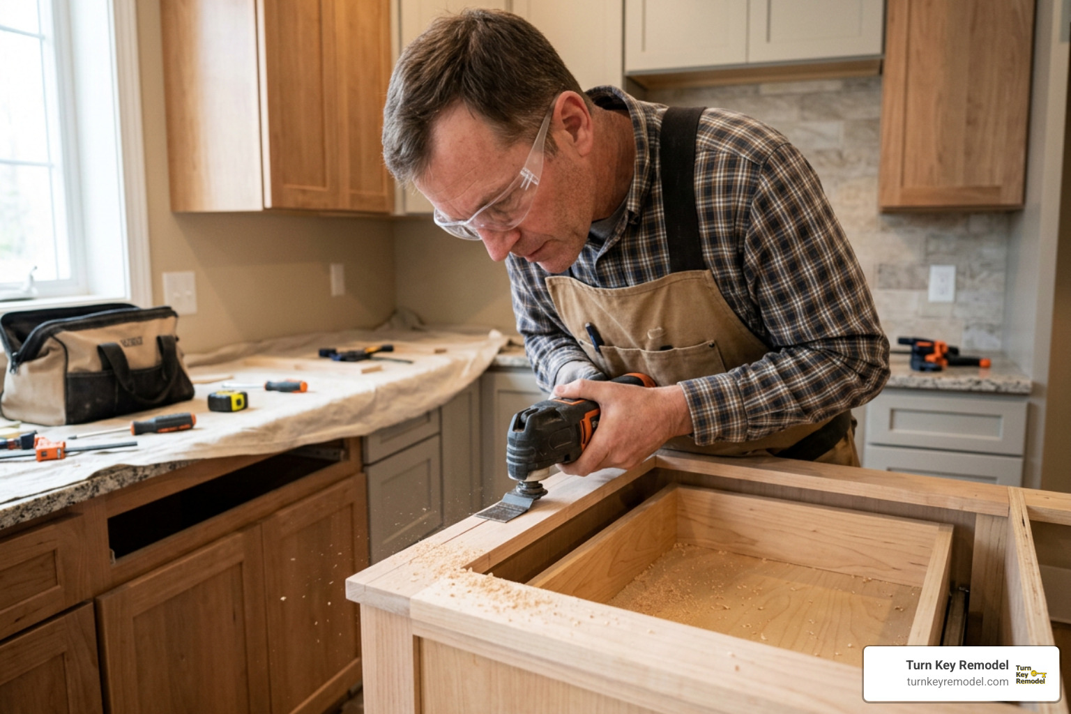 carpenter carefully trimming cabinet top rail with an oscillating multitool carpenter carefully trimming cabinet top rail with an oscillating multitool