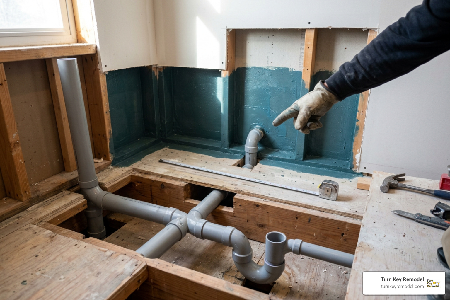 Plumbing rough-in and waterproof barrier inspection behind open drywall Plumbing rough-in and waterproof barrier inspection behind open drywall