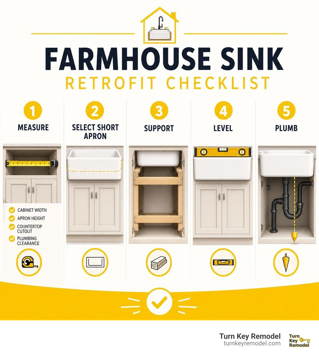 Farmhouse sink retrofit checklist: measure, select short apron, support, level, plumb infographic Farmhouse sink retrofit checklist: measure, select short apron, support, level, plumb infographic