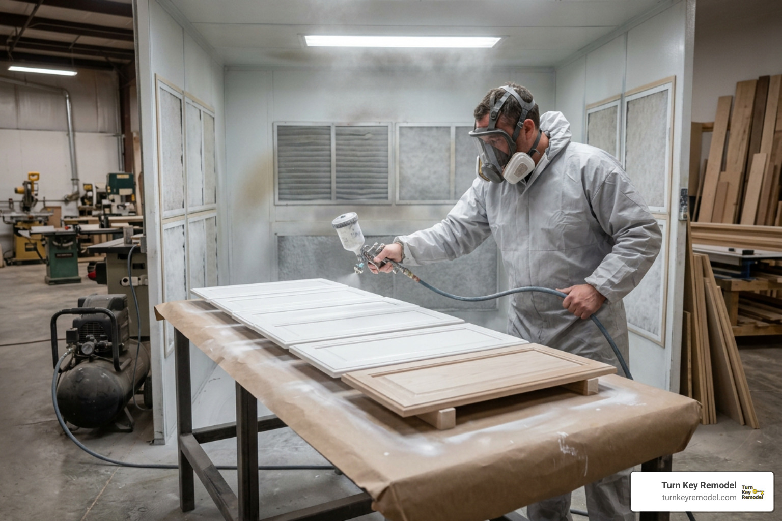 professional painter using HVLP spray equipment on cabinet doors professional painter using HVLP spray equipment on cabinet doors