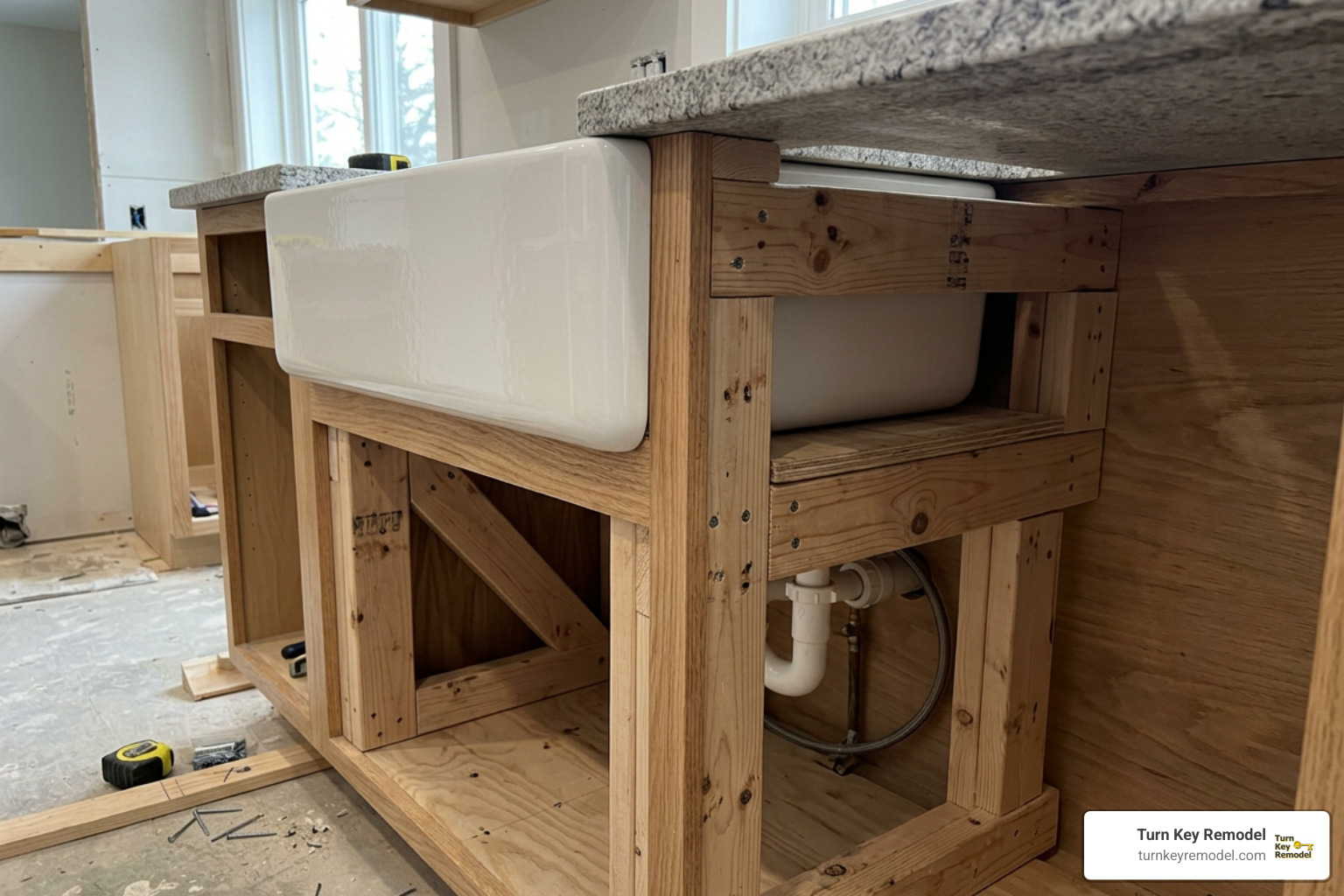 undermount apron sink supported by a custom wooden sub-frame undermount apron sink supported by a custom wooden sub-frame
