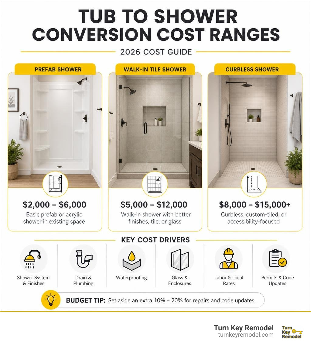 Tub to shower conversion cost ranges by prefab, walk-in tile, and curbless shower type infographic Tub to shower conversion cost ranges by prefab, walk-in tile, and curbless shower type infographic