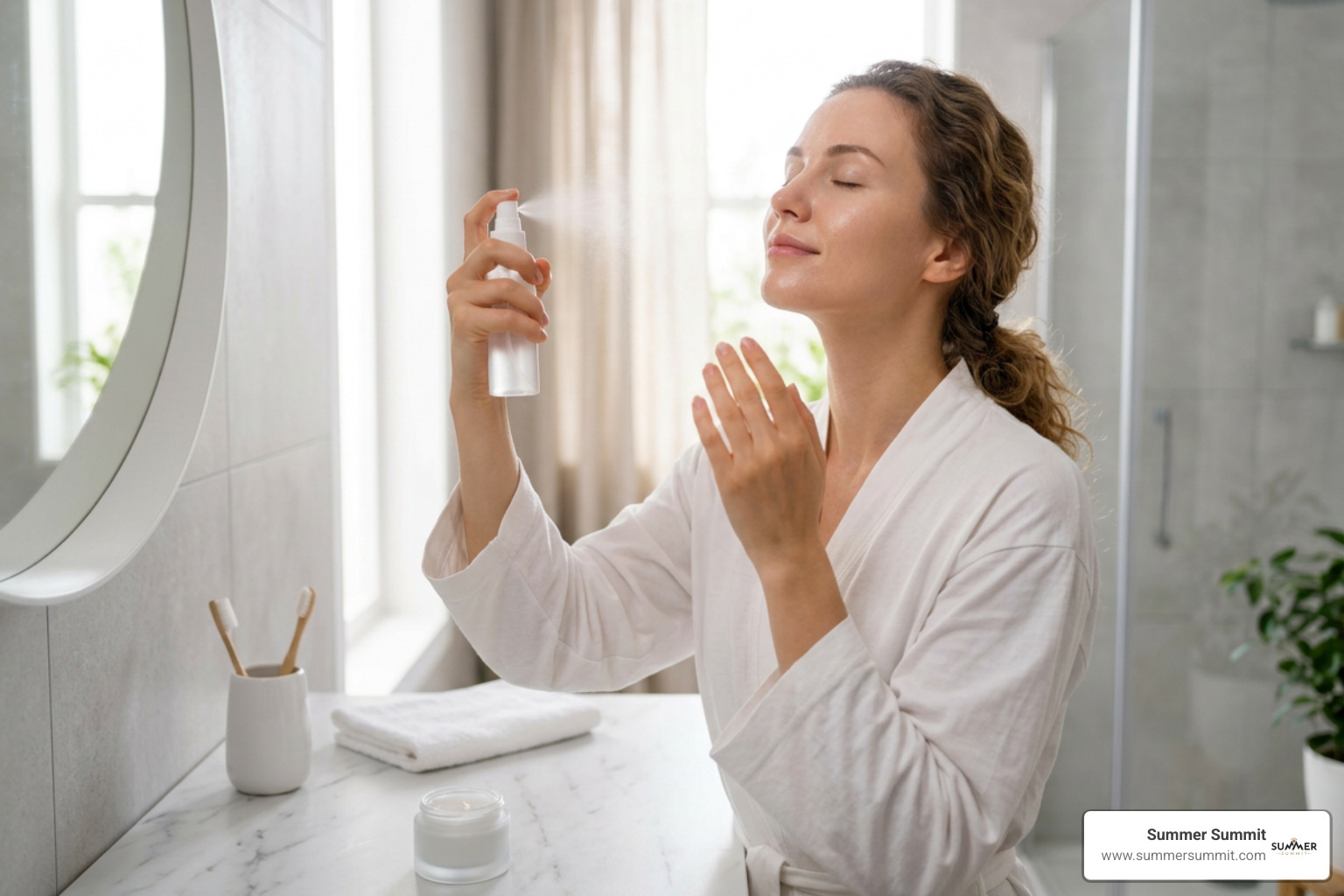 Person applying facial mist as part of a clean morning beauty regimen Person applying facial mist as part of a clean morning beauty regimen