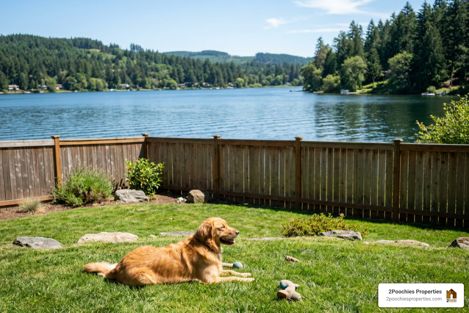 Dog resting happily inside a secure fenced yard overlooking the lake Dog resting happily inside a secure fenced yard overlooking the lake
