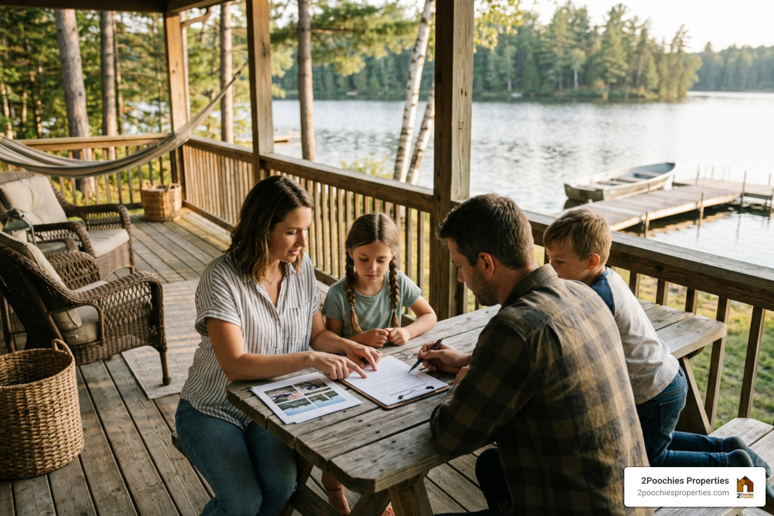 Family reviewing lake house rental details on porch Family reviewing lake house rental details on porch