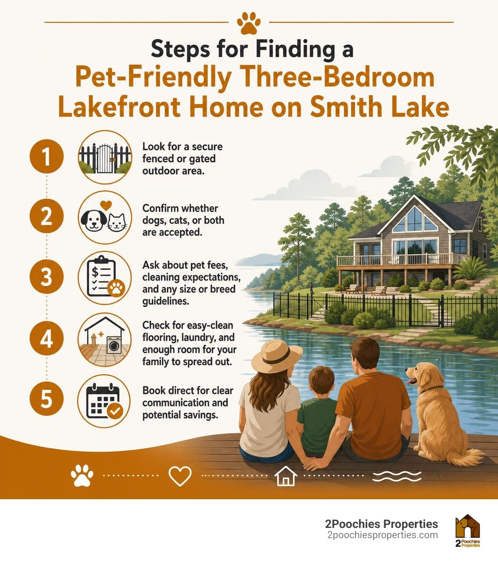 Steps for finding a pet-friendly three-bedroom lakefront home on Smith Lake infographic Steps for finding a pet-friendly three-bedroom lakefront home on Smith Lake infographic